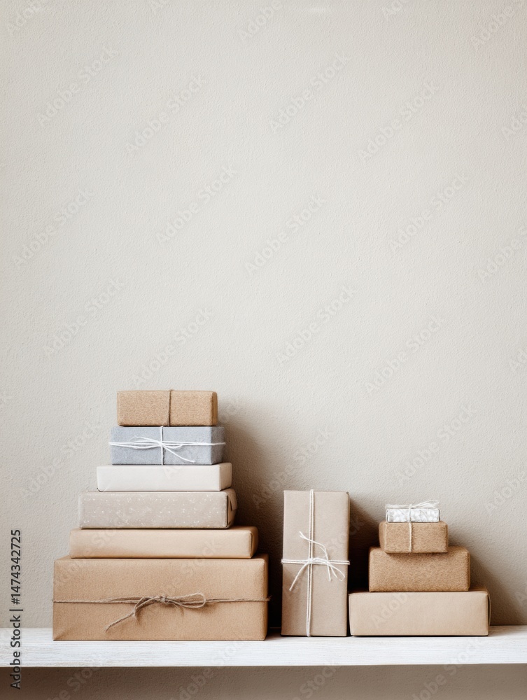 Aufkleber presents stacked on minimal shelf with large negative space above for a clean and modern aesthetic