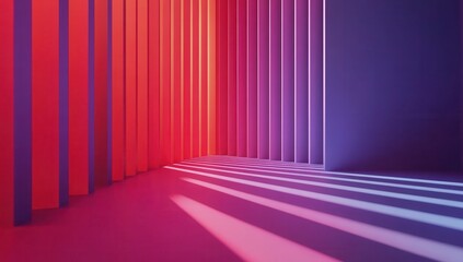 Colorful, abstract interior with vibrant hues and shadows.  Vertical striped walls converge in a corner, casting linear shadows on a fuchsia floor