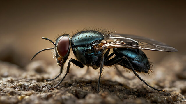 Macro shot of a vibrant green bottle fly resting on a textured surface - Powered by Adobe