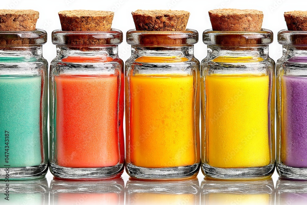 Poster Colorful sand in glass jars arranged on a reflective surface with cork stoppers creating a vibrant display for craft projects