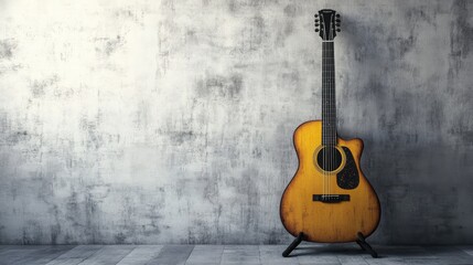 Naklejka premium Acoustic guitar on a black stand against a white textured wall in a modern studio space