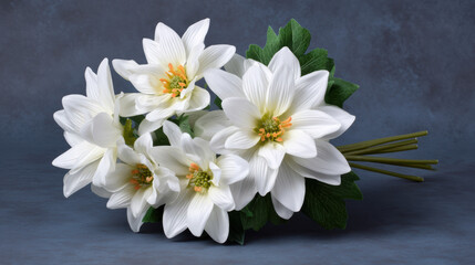 Obraz premium A beautiful bouquet of pristine white dahlia flowers, with soft yellow centers and vibrant green leaves, rests gently against a dark, textured background elegantly.