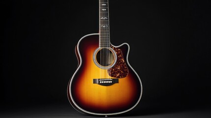 Acoustic guitar with a sunburst finish standing upright on a black background
