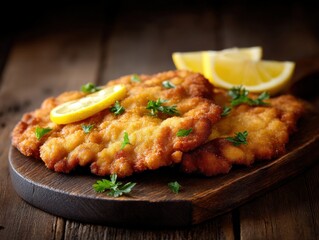 Crispy golden fried chicken cutlets adorned with fresh parsley and zesty lemon slices on a rustic wooden board creating a mouth-watering culinary delight captured with clarity