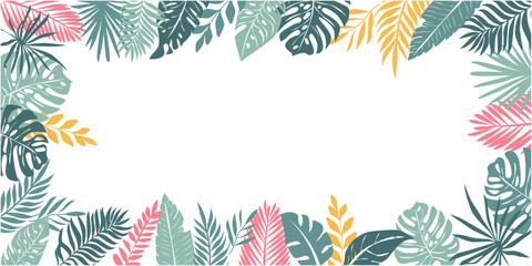 Colorful tropical leaves illustration for summer and vacation design. Summer botanical background. Vector illustration. Tropical leaves frame.