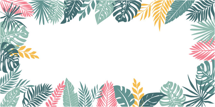 Colorful tropical leaves illustration for summer and vacation design. Summer botanical background. Vector illustration. Tropical leaves frame.