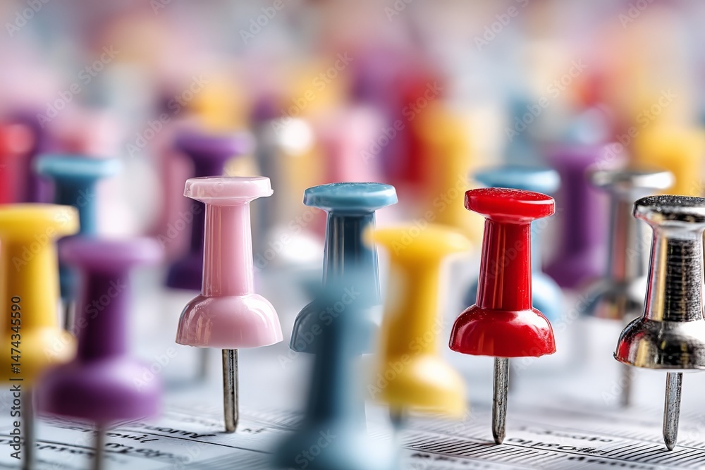 Poster Colorful push pins arranged on a surface with a blurred background creating a vibrant visual effect