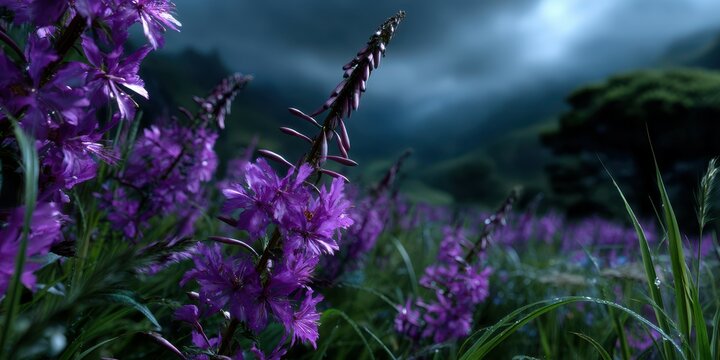 Vibrant purple wildflowers bloom in a lush meadow under a dramatic stormy sky in springtime