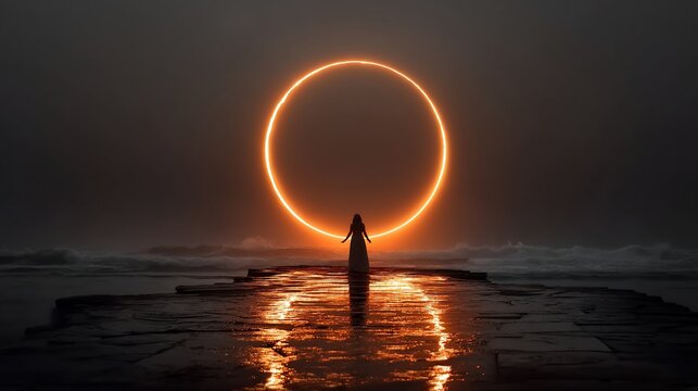 Silhouette of woman in flowing gown facing large glowing orange ring on dark beach
