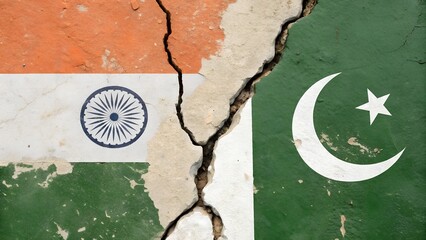 Old wall showing India and Pakistan flags split by a crack symbolizing division and historical conflict.