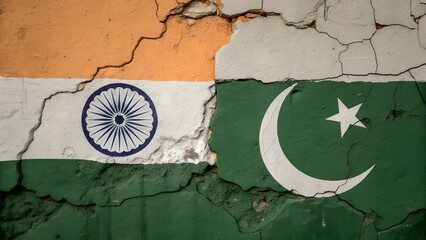 Grunge wall texture painted with India and Pakistan flags symbolizing tension and history.