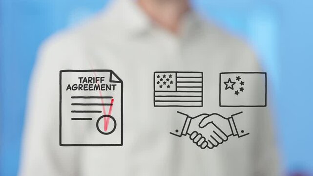 Business concept showing tariff agreement being signed between united states and china, represented by their respective flags and a handshake