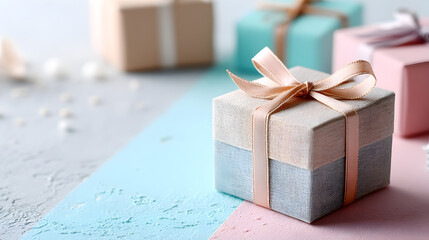 Colorful gift box with ribbon on pastel background for celebration and special occasions, gift giving concept. Selective focus