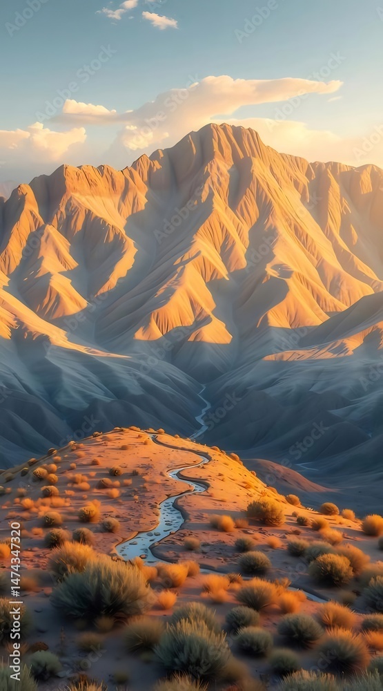 Aufkleber 夕焼けの砂漠の山の風景 鮮やかなオレンジ色の光 荒涼とした丘陵地帯の遠景と雲の背景