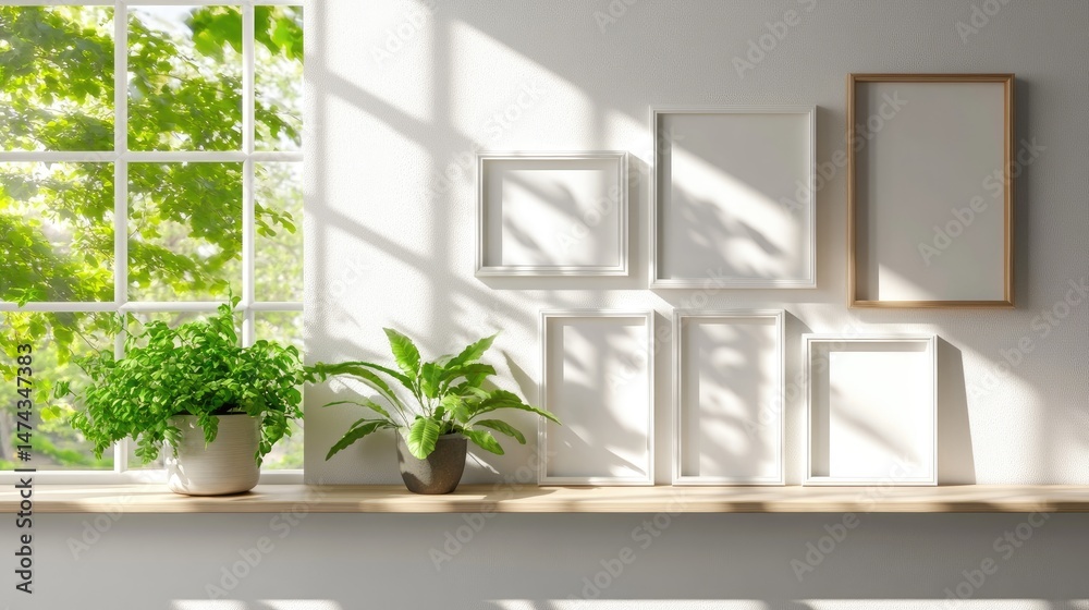 Poster Cozy interior with empty frames on a shelf in front of a sunny white-paned window