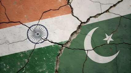 Cracked concrete wall with faded India and Pakistan flags representing rivalry and history.