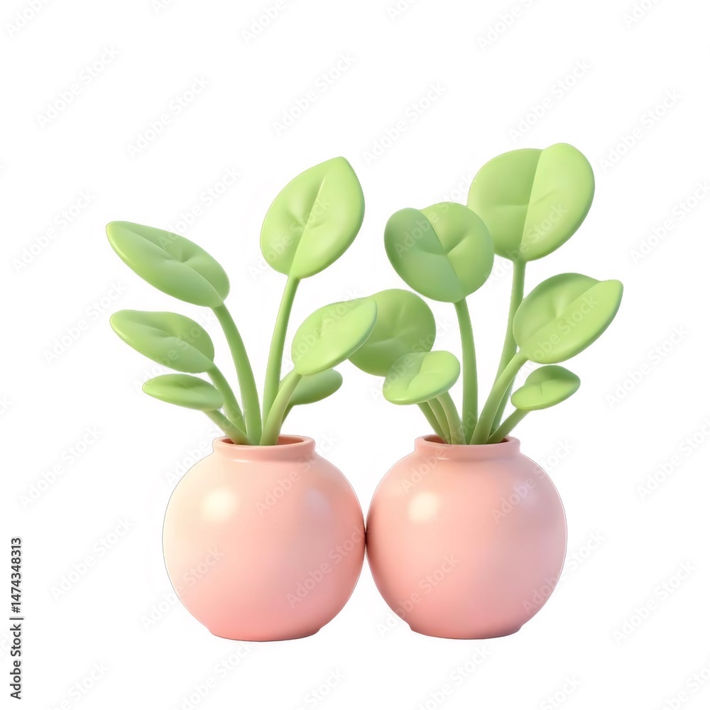 Aufkleber ピンクの鉢に植えられた2つの明るい緑色の植物 白い背景に隔離されたソフトで鮮やかな色のシンプルなデザインオブジェクト