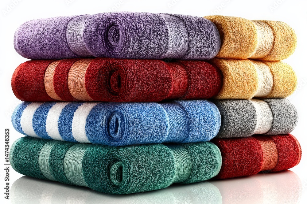 Poster soft and vibrant towels neatly stacked in a modern setting for organized and stylish bathroom decor