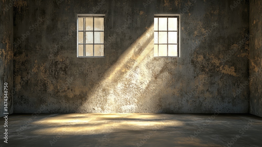 Poster Dark empty room with textured walls, illuminated by warm light filtering through window
