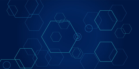 Obraz premium Hexagon geometric blue neon lights technology Hi-tech dark background. Abstract graphic digital future science concept design.