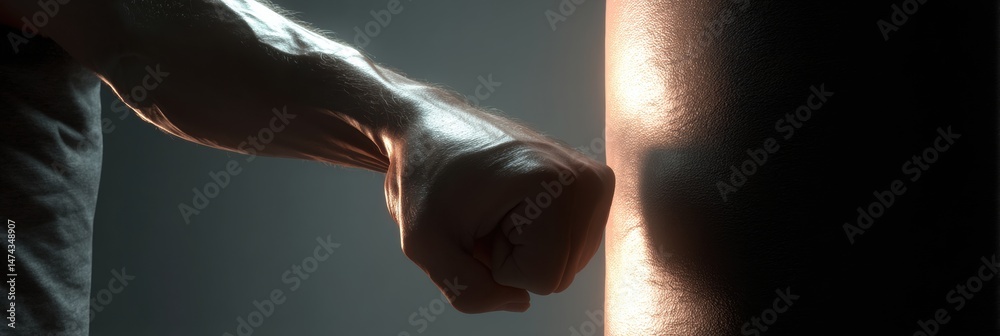 Poster impacting a punching bag with a powerful fist during an intense workout session in a dimly lit train