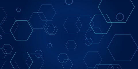 Hexagon geometric blue neon lights technology Hi-tech dark background. Abstract graphic digital future science concept design. modern