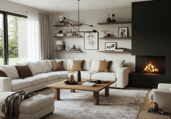 Living room interior with white sectional sofa, wooden coffee table, shelves, and a modern fireplace