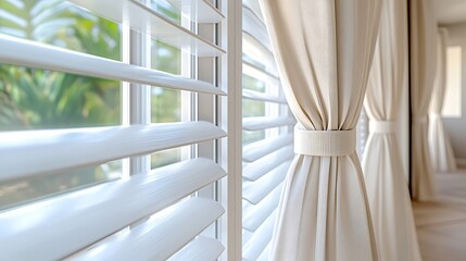 Close up of open louvered windows with fresh white paint drying on frames, airflow indicated with light curtain sway, minimal style
