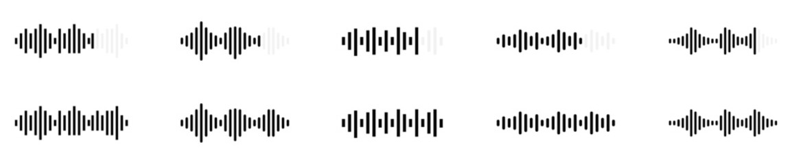 Sound wave icons. Sound wave icons set. Recording icons. Audio waves icon. Voice message and sound representation. 