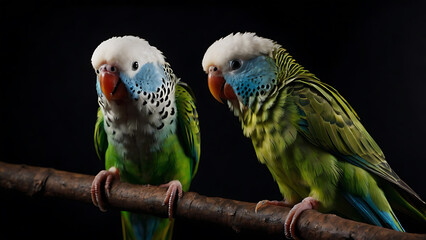 Fototapeta premium Two vibrant green and blue parrots perched on a branch against a dark background