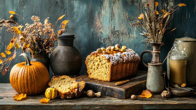 Cozy autumn showcase with pumpkin bread and rustic decor