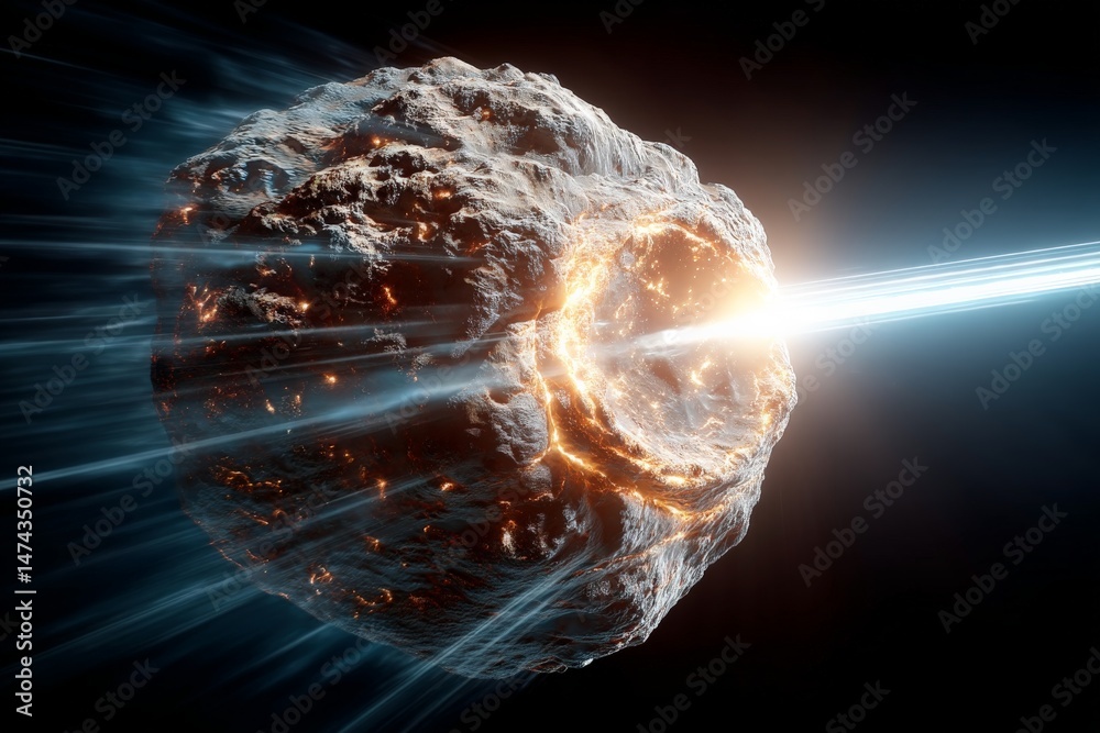 Poster Asteroid colliding with a planet, creating a bright explosion in deep space