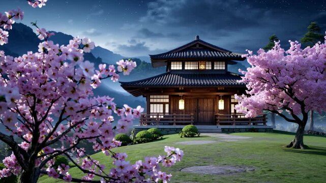 Temple japonais sous les cerisiers en fleurs, paysage de nuit f&eacute;erique

