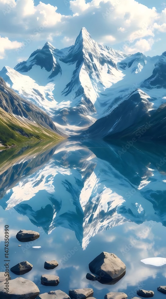 Poster 雪を頂いた山々の峰が湖に映る絶景 岩が点在する静かな湖畔の風景 青空が広がる自然豊かな高山の湖 日本アルプスの山岳風景
