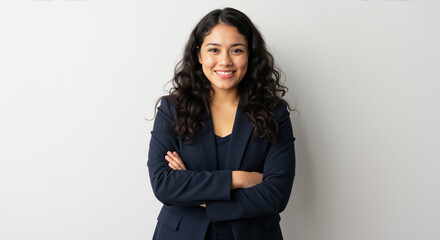 Confident young woman with curly dark hair smiling with crossed arms in navy blue suit