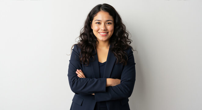 Confident young woman with curly dark hair smiling with crossed arms in navy blue suit