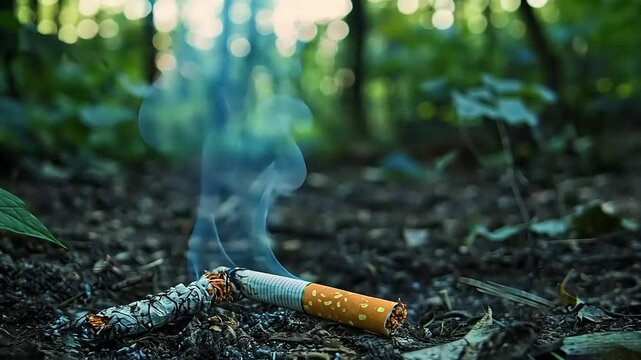 Cigarette butt smoldering on forest floor amidst lush greenery and soft sunlight filtering through trees
