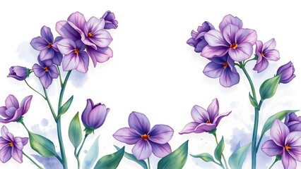 Zarter Aquarellrahmen mit violetten Bl&uuml;ten und gr&uuml;nen Bl&auml;ttern, ideal f&uuml;r Einladungen, Scrapbooking oder Fr&uuml;hlingsdesigns.