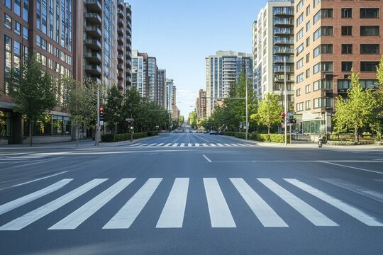 Fototapeta Empty city street with crosswalk, green trees, modern buildings and blue sky day