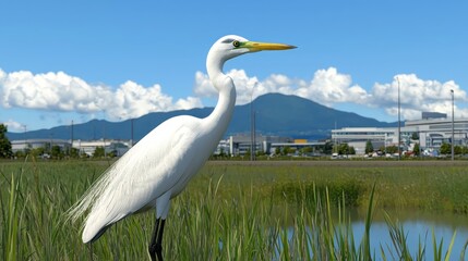 Fototapeta premium White Great Egret in a Grassy Marsh with Distant Mountains and