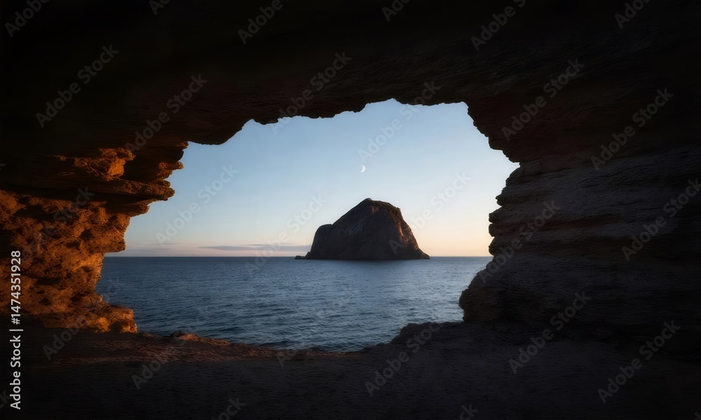 Poster 洞窟の開口部から見える海と島の夕景 美しい海岸線の自然風景 穏やかな水面とドラマチックな空模様が印象的な風景写真