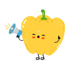 Cartoon Yellow Bell Pepper character with megaphone for announcement on a white background.