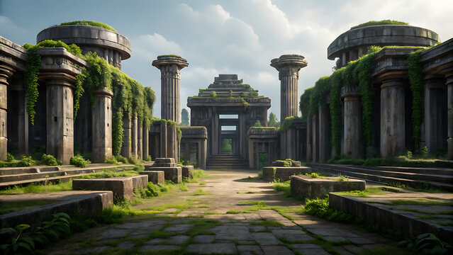 Old Stone Temple Courtyard with Ancient Columns
