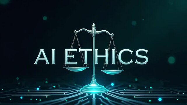 A digital representation of AI ethics featuring a balance scale amidst a tech-inspired background