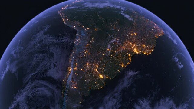 Planet Earth at Night. Night Map of South America. View from Space Orbit. Globe
