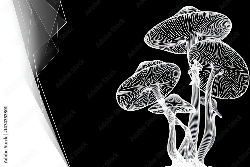 Poster black and white illustration of mushrooms showcasing intricate details and delicate textures in a mi