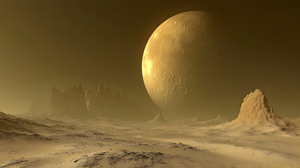 A desolate, sandy landscape under a large, golden-hued celestial body.  Jagged rock formations rise from the hazy, flat terrain