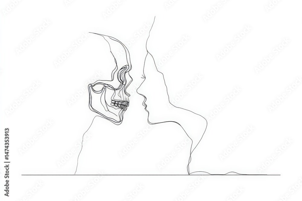 Poster creative line art of a human skull and a face merging together in a striking composition