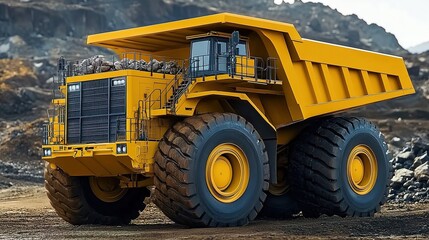 Large yellow mining truck loaded with rocks in quarry.