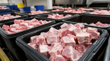 Plastic bins full of meat trimmings awaiting processing inside a commercial facility